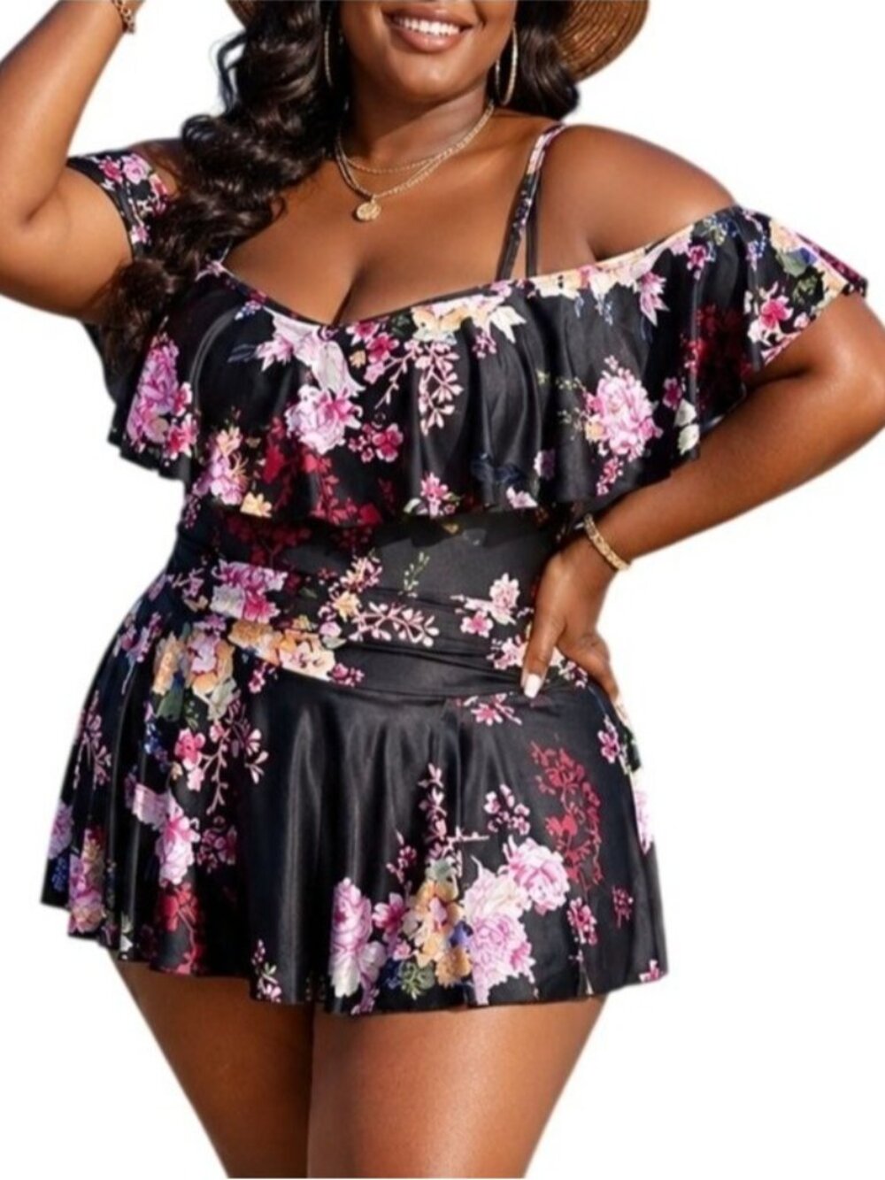Cocopear Plus Size 3XL Swim Dress One Piece Ruffled Off-Shoulder Flounce Skirt